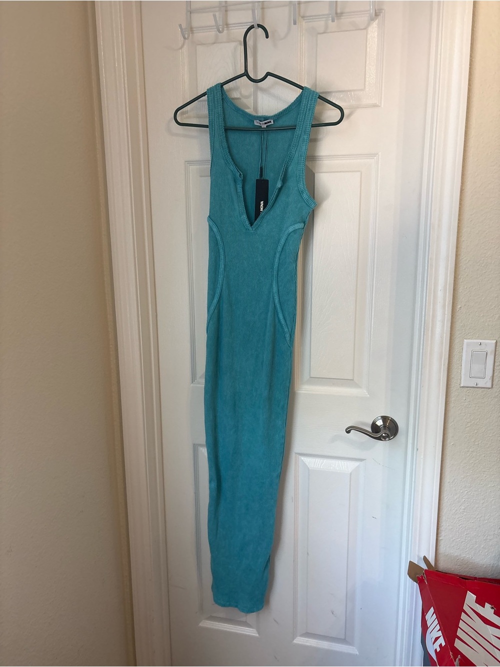 Fashion Nova Teal Sleeveless V‑Neck Ribbed Maxi Dress